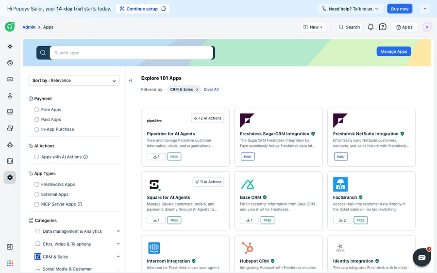 The Freshdesk Marketplace app gallery (Admin → Apps) — "Explore 101 Apps" in the CRM & Sales category (Pipedrive, Freshdesk SugarCRM & NetSuite integrations, Square, Base CRM, Intercom, HubSpot, etc.) with ratings, install counts and pricing, plus the Payment / AI Actions / App Types / Categories filter sidebar and a Manage Apps button.