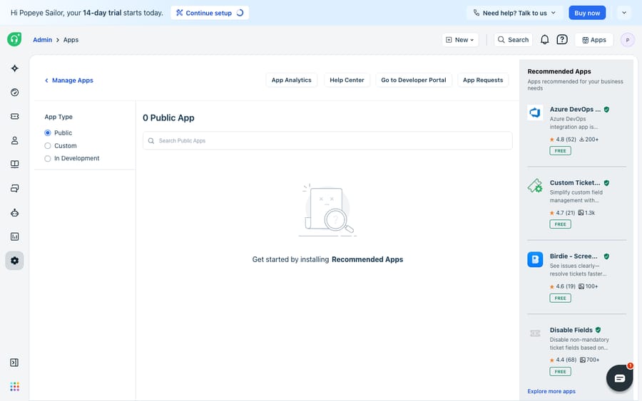 Freshdesk Marketplace "Manage Apps" (installed apps) view — App Type filter (Public / Custom / In Development) and "0 Public App" with a "Get started by installing Recommended Apps" empty state, plus a Recommended-apps sidebar (Azure DevOps, Custom Ticket Fields, Birdie, Disable Fields). No apps are installed on this trial, so the installed list is empty.