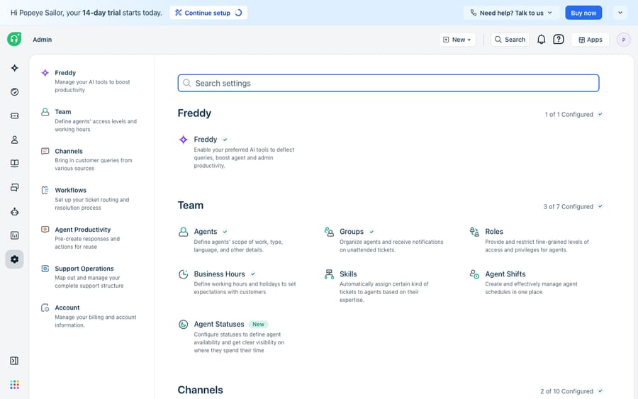 The Freshdesk Admin settings hub — a searchable overview with a left nav (Freddy, Team, Channels, Workflows, Agent Productivity, Support Operations, Account) and configuration sections (Team: Agents, Groups, Roles, Business Hours, Skills, Agent Shifts, Agent Statuses) each showing an "X of Y Configured" status. A broad admin screen suited to a troubleshooting/roundup post.