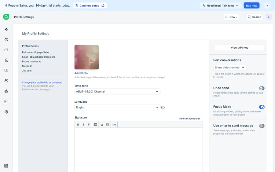 The agent Profile Settings page in Freshdesk (demousermacha), where an agent finds their API key. The 'View API Key' button is top-right; Freshdesk gates the actual key reveal behind a reCAPTCHA confirmation, so the key value itself is not shown.