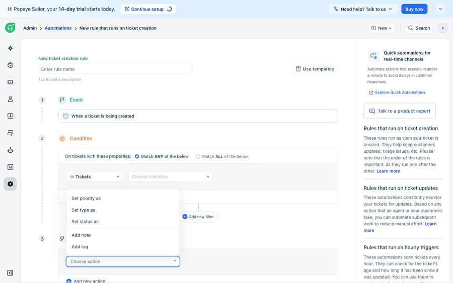 The Freshdesk Automation rule editor (ticket-creation rule) with the Action step's 'Choose action' dropdown open, showing the available actions. NOTE: on this trial/plan the action list is Set priority / Set type / Set status / Add note / Add tag — the 'Trigger webhook' action is NOT available (it is a higher-plan, Pro/Enterprise feature), so this is the closest reachable in-context view of where a webhook action would appear.