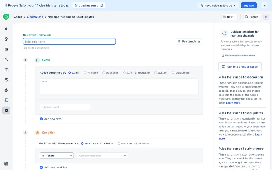 The full Freshdesk 'ticket updates' automation rule builder (Event -> Condition -> Action), the real editor where a webhook action's config (request type, callback URL, body) would be entered on plans that include it. On this trial the Trigger-webhook action is plan-gated, so the expanded webhook config form itself is not reachable; this shows the genuine rule-builder that hosts it. Distinct from the webhooks-explained shot (creation rule + open action dropdown).