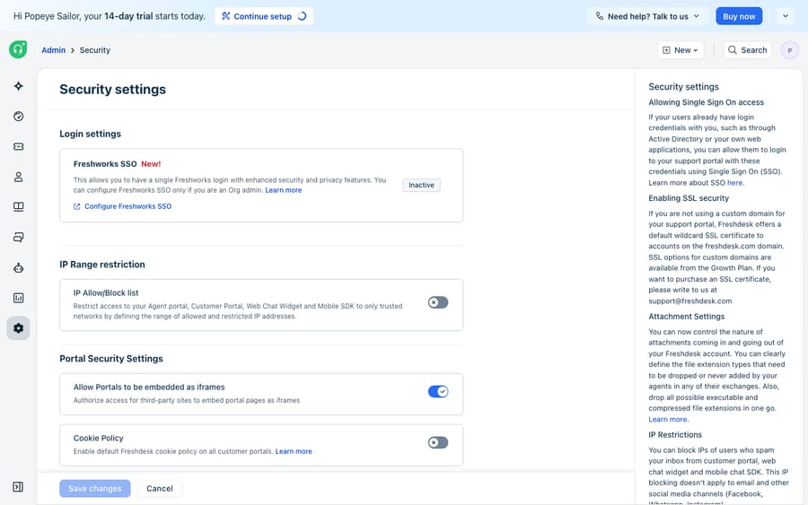 Admin -> Security settings in Freshdesk (demousermacha), the SSO/security overview: Login settings with 'Freshworks SSO' (single Freshworks login, configurable by an Org admin), plus IP Range restriction, Portal Security and Cookie Policy sections.