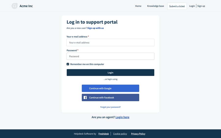 The end-customer support portal login page for the demousermacha Freshdesk (Acme Inc branded): 'Log in to support portal' with e-mail/password, Google and Facebook sign-in, and a 'Forgot your password?' link. Distinct from the agent sign-in page.