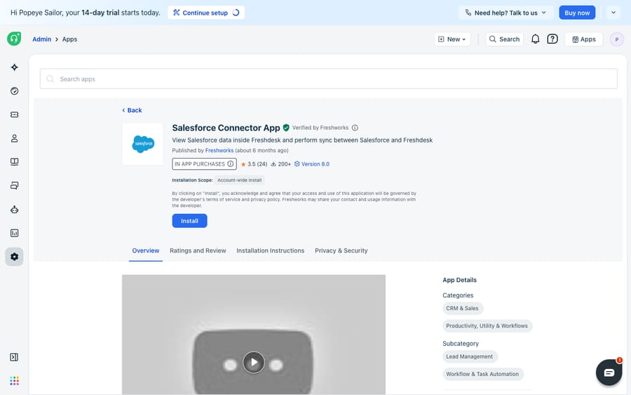 The Salesforce Connector App (Verified by Freshworks) on the Freshdesk Marketplace — "View Salesforce data inside Freshdesk and perform sync between Salesforce and Freshdesk."