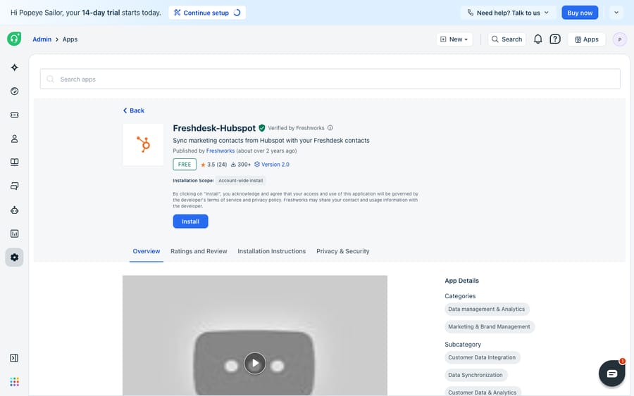 The Freshdesk-Hubspot app (Verified by Freshworks) on the Freshdesk Marketplace — "Sync marketing contacts from Hubspot with your Freshdesk contacts."