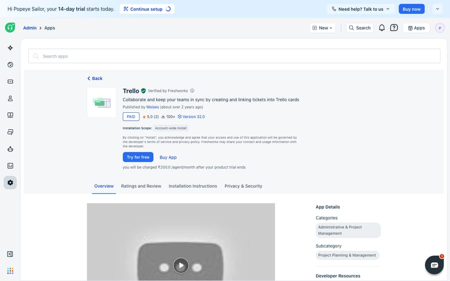 The Trello app (Verified by Freshworks) on the Freshdesk Marketplace — "Collaborate and keep your teams in sync by creating and linking tickets into Trello cards."