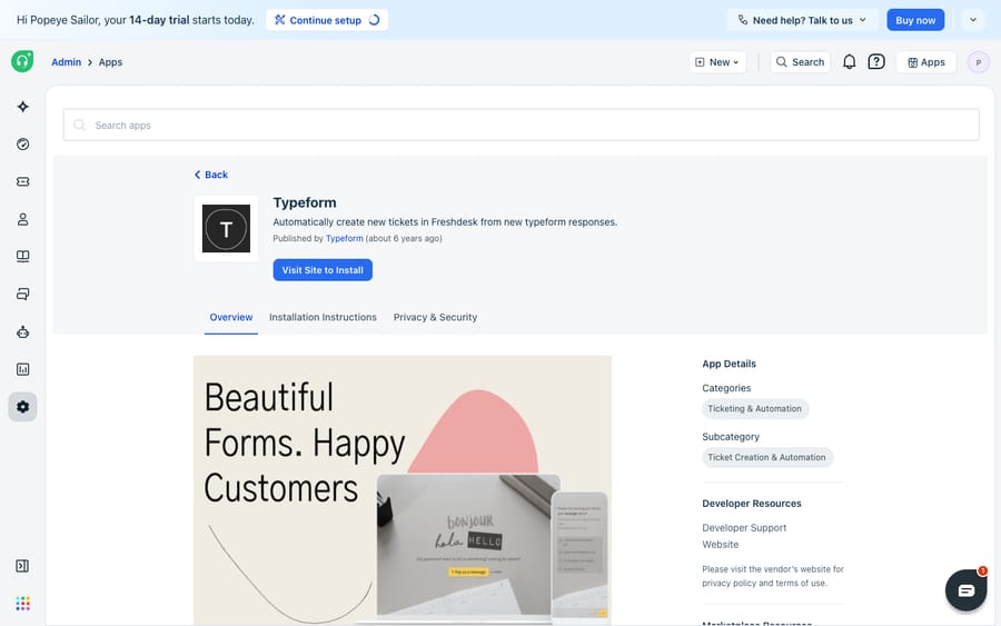 The Typeform app on the Freshdesk Marketplace — "Automatically create new tickets in Freshdesk from new Typeform responses."