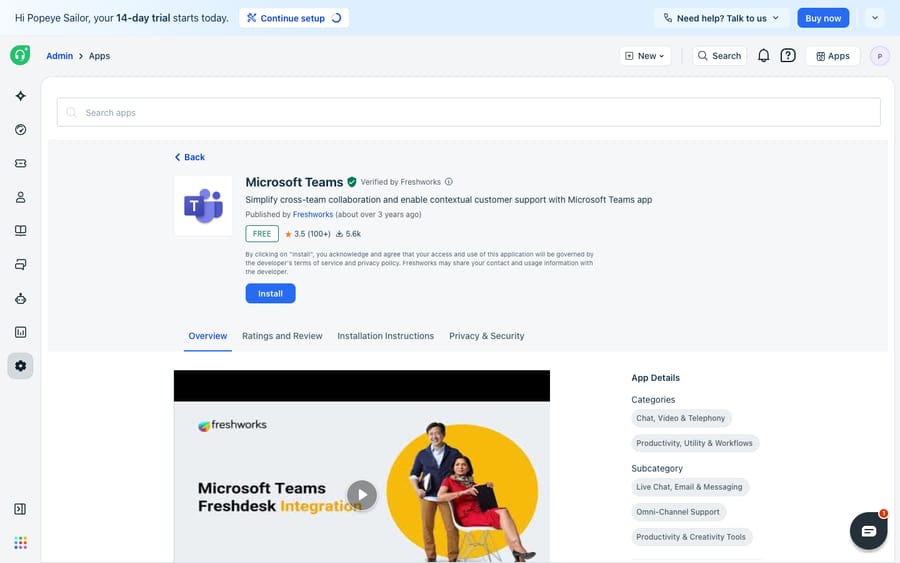 The Microsoft Teams app (Verified by Freshworks) on the Freshdesk Marketplace — "Simplify cross-team collaboration and enable contextual customer support with Microsoft Teams."