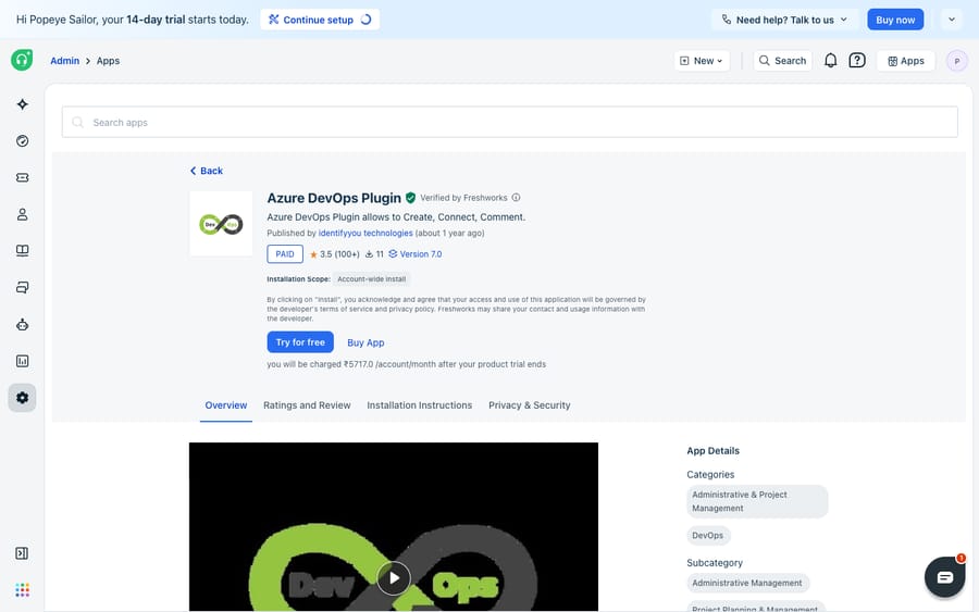 The Azure DevOps Plugin (Verified by Freshworks) on the Freshdesk Marketplace — "Azure DevOps Plugin allows to Create, Connect, Comment."