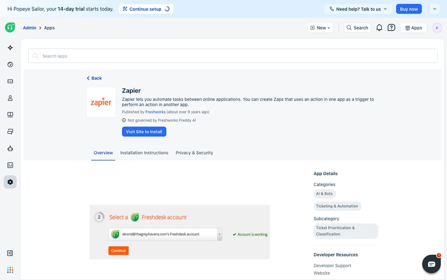 The Zapier app (published by Freshworks) on the Freshdesk Marketplace — "Zapier lets you automate tasks between online applications" — with a preview of the Zapier 'Select a Freshdesk account' connect step.