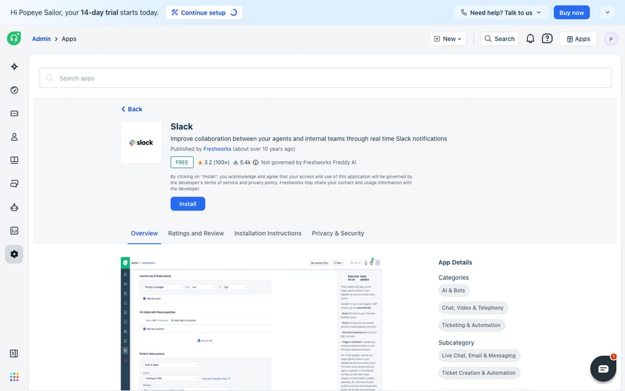 The Slack app on the Freshdesk Marketplace — "Improve collaboration between your agents and internal teams through real-time Slack notifications" — with a preview of its notification-rule configuration.