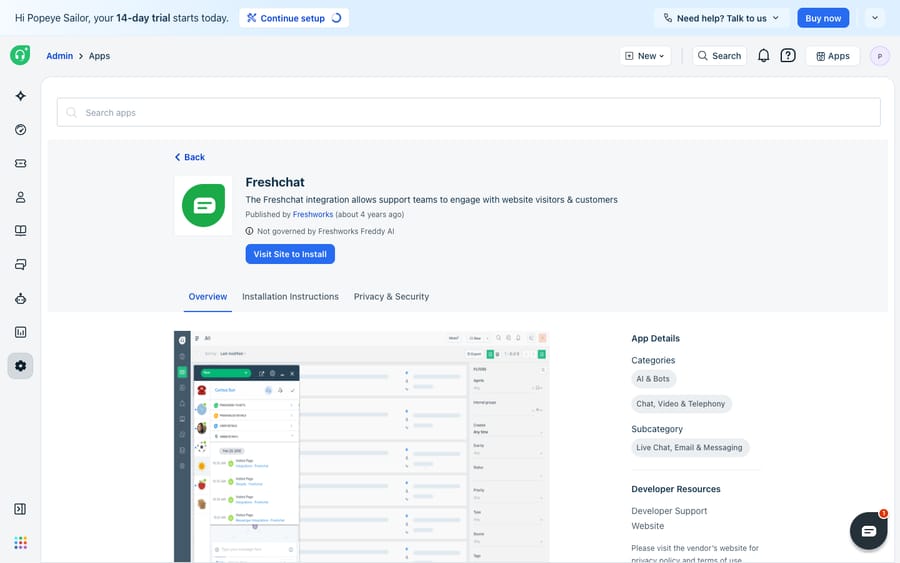 The Freshchat app on the Freshdesk Marketplace — "The Freshchat integration allows support teams to engage with website visitors & customers" — with a preview of Freshchat conversations inside Freshdesk.