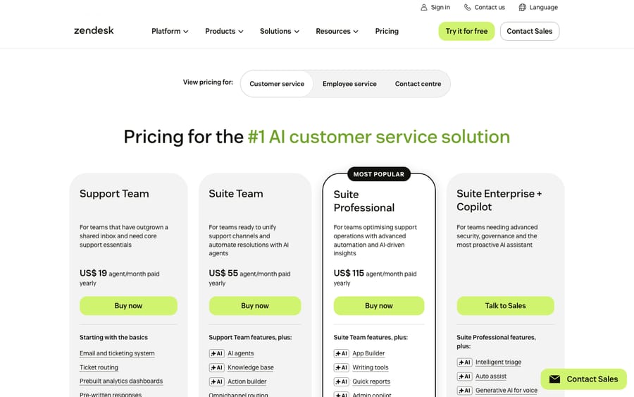 Zendesk pricing page (zendesk.com/pricing), captured first-hand. Customer-service Suite tiers as of capture: Support Team US$19/agent/mo, Suite Team US$55, Suite Professional US$115 (most popular), plus Suite Enterprise + Copilot (talk to sales). Prices billed yearly and may change.