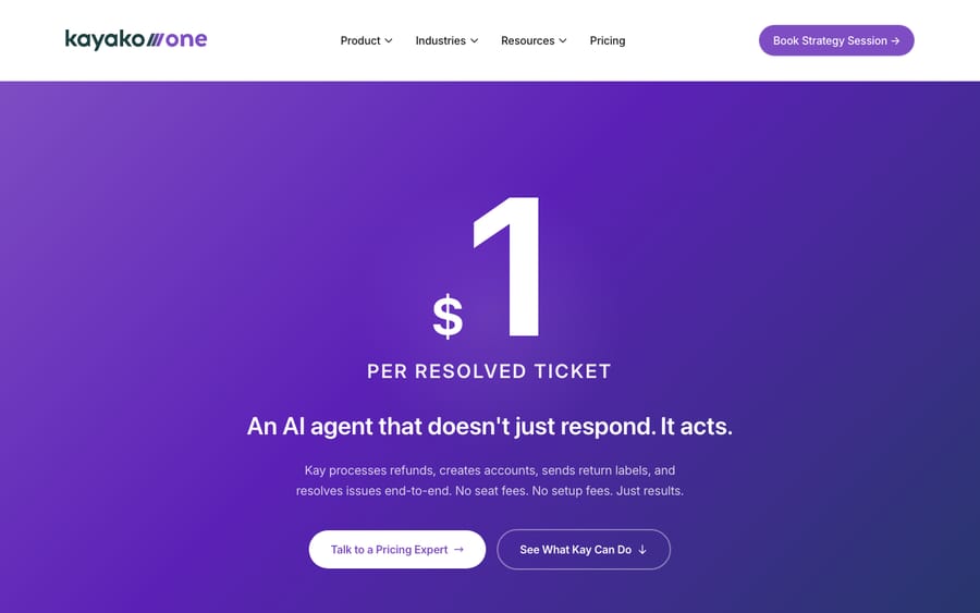 Kayako pricing page (kayako.com/pricing), captured first-hand. Kayako One now leads with an AI-agent, outcome-based model advertised at $1 per resolved ticket rather than fixed per-agent tiers. Pricing may change.