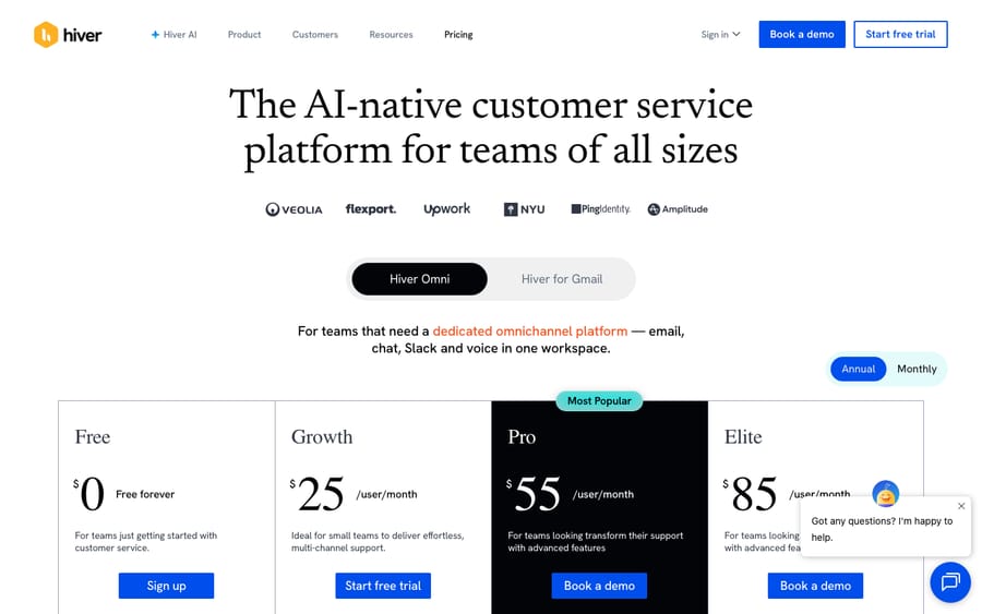 Hiver pricing page (hiverhq.com/pricing), Hiver Omni plans captured first-hand. Tiers as of capture (annual): Free $0, Growth $25/user/mo, Pro $55/user/mo (most popular), Elite $85/user/mo. Prices may change.