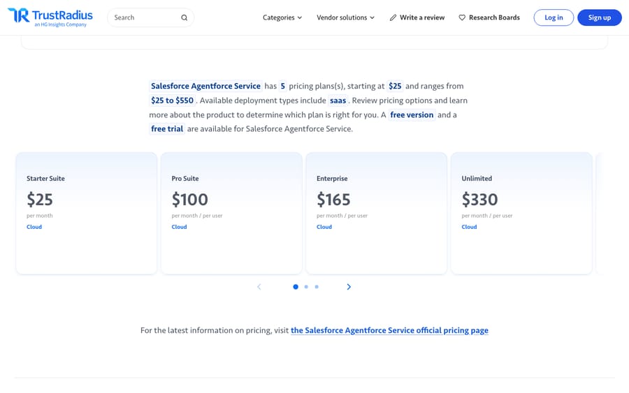 Salesforce Service Cloud (Agentforce Service) pricing, captured via TrustRadius (salesforce.com blocked headless capture). Tiers as of capture: Starter Suite $25, Pro Suite $100, Enterprise $165, Unlimited $330 (per user/month). Third-party summary; verify against Salesforce's official pricing page. Prices may change.