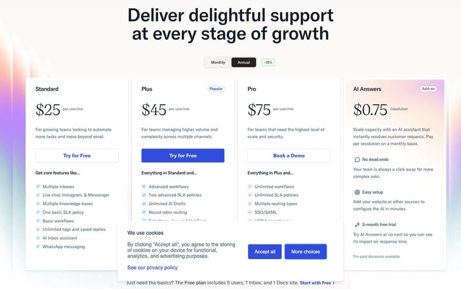 Help Scout pricing page (helpscout.com/pricing), captured first-hand (Help Scout is the distinct third tool in this 3-way comparison). Tiers as of capture (annual): Standard $25/user/mo, Plus $45/user/mo, Pro $75/user/mo, plus AI Answers add-on at $0.75 per resolution. Prices may change.