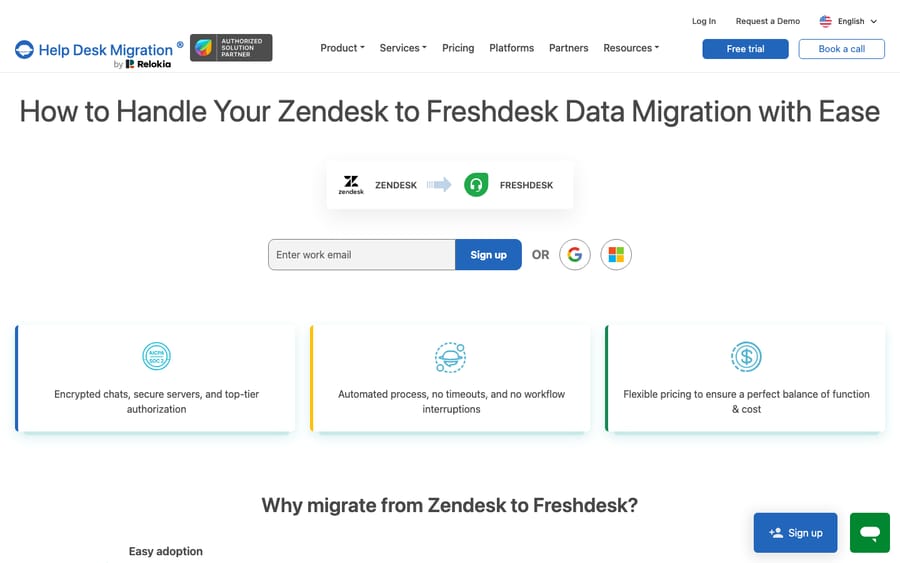 The Help Desk Migration (by Relokia) wizard landing page set to source Zendesk to target Freshdesk, with the directional Zendesk to Freshdesk badge and the migration sign-up. This is the third-party migration tool, not a live migration in progress.