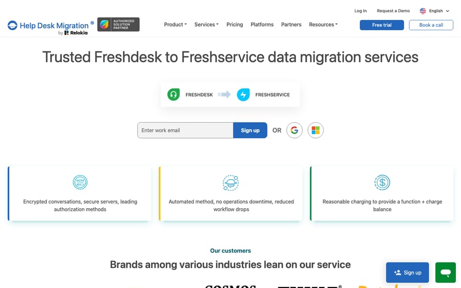 The Help Desk Migration (by Relokia) tool page for Freshdesk to Freshservice, showing the directional Freshdesk to Freshservice badge and the automated migration sign-up. Third-party migration tool marketing page, not a live migration.