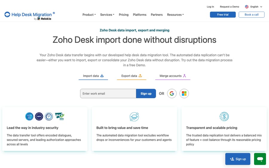 Help Desk Migration (by Relokia) Zoho Desk data migration page with Import data / Export data / Merge accounts tabs and the migration sign-up. The dedicated Freshdesk-to-Zoho-Desk pair page is retired (HTTP 410), so this is HDM's Zoho Desk target page. Third-party tool, not a live migration.