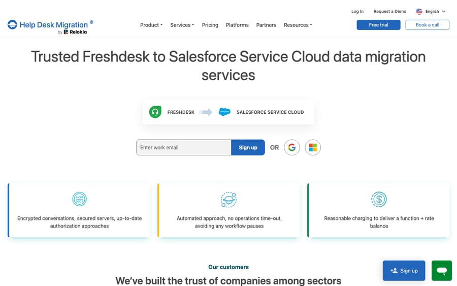 The Help Desk Migration (by Relokia) tool page for Freshdesk to Salesforce Service Cloud, showing the directional Freshdesk to Salesforce Service Cloud badge and the migration sign-up. Third-party migration tool page, not a live migration.