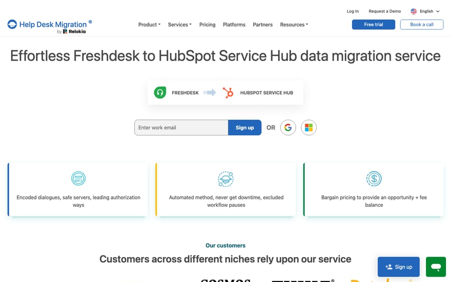 The Help Desk Migration (by Relokia) tool page for Freshdesk to HubSpot Service Hub, showing the directional Freshdesk to HubSpot Service Hub badge and the migration sign-up. Third-party migration tool page, not a live migration.