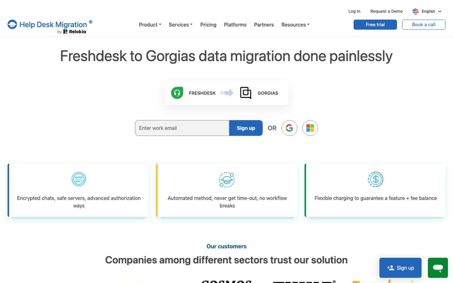 The Help Desk Migration (by Relokia) tool page for Freshdesk to Gorgias, showing the directional Freshdesk to Gorgias badge and the migration sign-up. Third-party migration tool page, not a live migration.