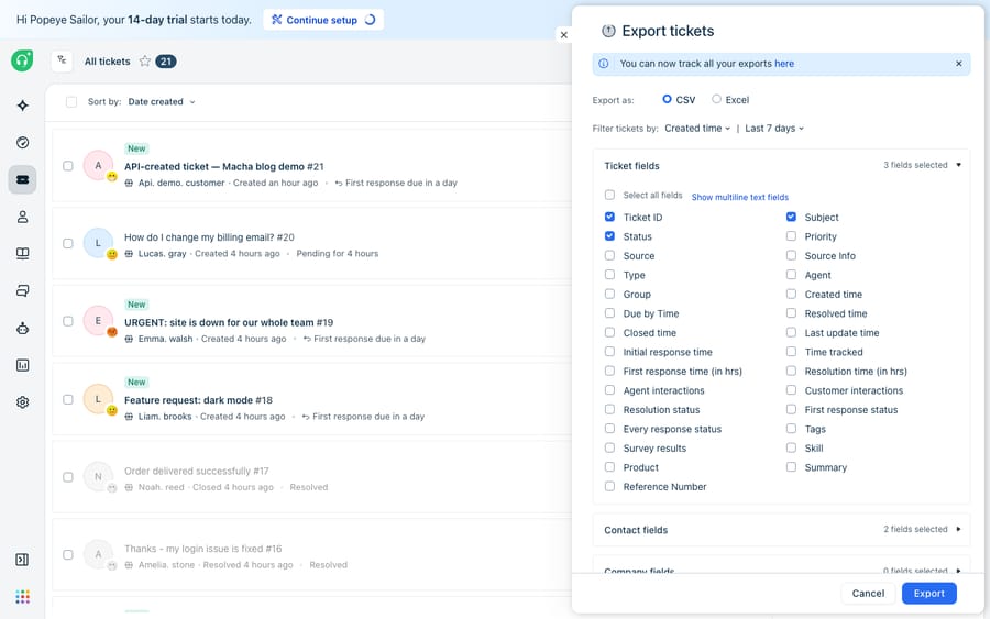First-hand Freshdesk Export tickets dialog showing the field and scope picker (Ticket ID, Subject, Status, Source, dates, agent interactions, and more), CSV or Excel format, and the date-range filter. This is exactly what moves out of Freshdesk in an export.