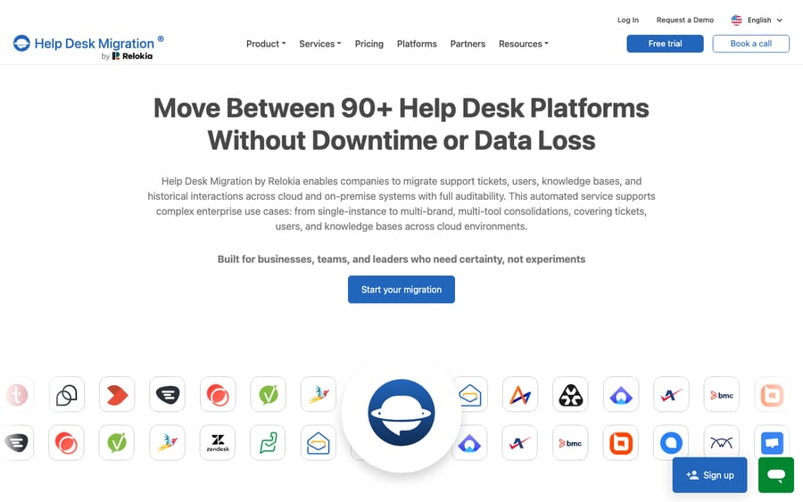 The Help Desk Migration (by Relokia) supported-platforms page: Move between 90+ help desk platforms, with the grid of supported source and target tool logos. Shows the migration-tool landscape.
