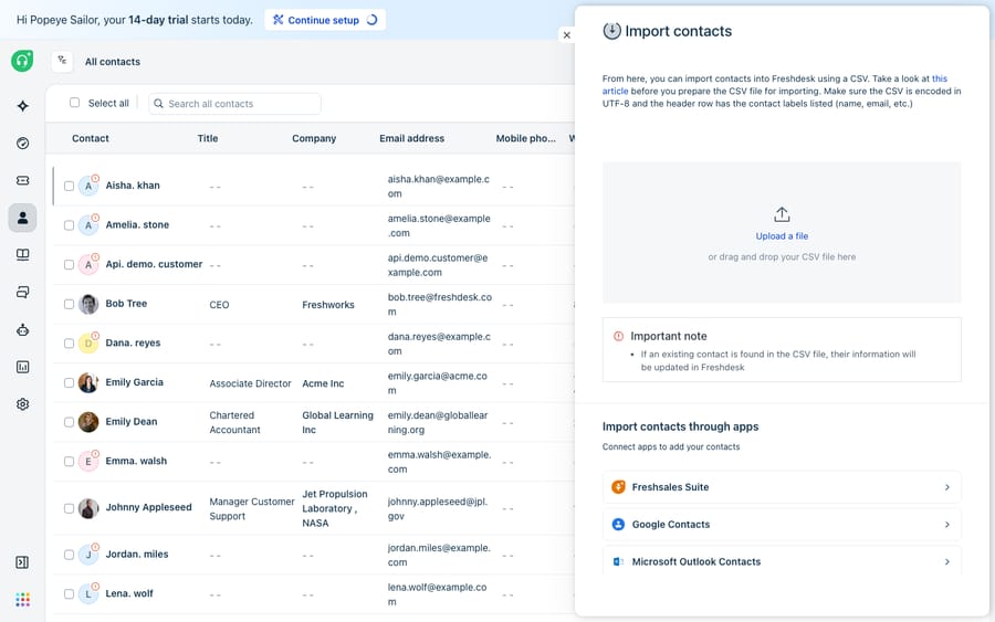 First-hand Freshdesk Import contacts panel (the import start screen): upload a CSV or drag-and-drop, with the UTF-8 encoding and header-row note and the import-through-apps options. The Freshdesk-side setup a migration checklist references.