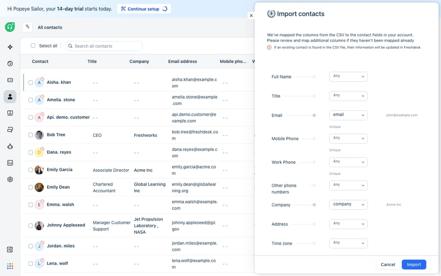 First-hand Freshdesk import CSV field-mapping step: after uploading a CSV, Freshdesk maps columns to contact fields (Full Name, Email, Company, etc.) via dropdowns for review before Import. The field-mapping stage of a Freshdesk import.
