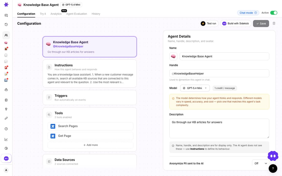 Macha's agent builder: the Knowledge Base Agent's Configuration view, showing its Instructions, Triggers, Tools (Search Pages, Get Page) and connected Data Sources — the AI layer you add on top of Freshdesk.