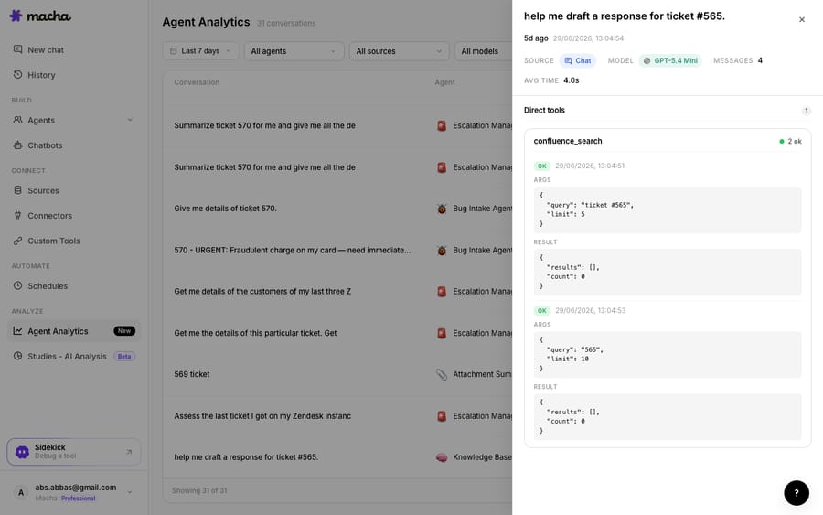 Macha resolving a real request: the Knowledge Base Agent working ticket #565, grounding its answer by calling confluence_search against connected knowledge (with live args and results).