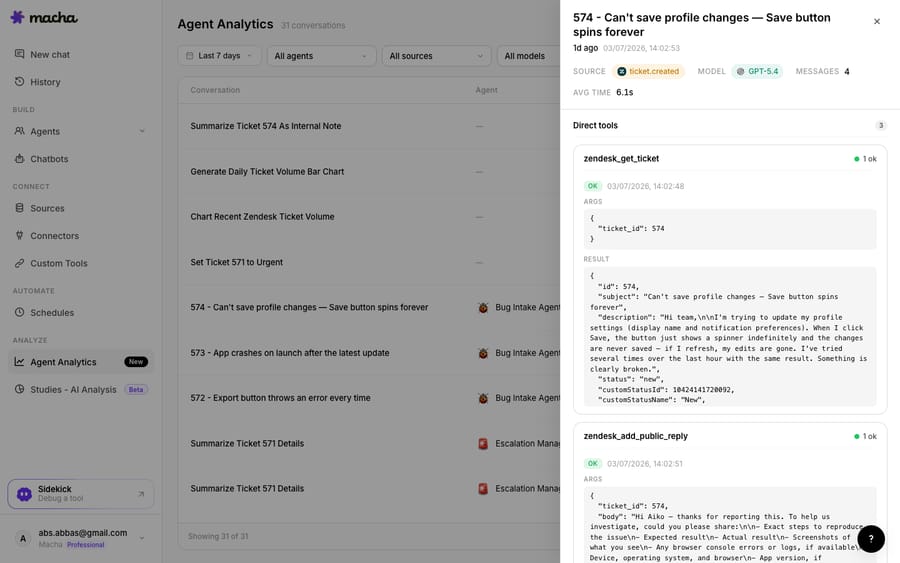 Macha acting autonomously: the Bug Intake Agent triggered on a new ticket (574 — can't save profile changes) calling zendesk_get_ticket and zendesk_add_public_reply on its own — an agent action, not just a copilot suggestion.