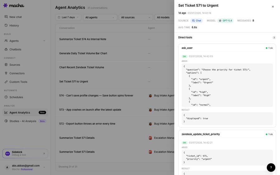 Macha triaging a ticket end to end: the agent asks for the priority (urgent/high/normal) via ask_user, then calls zendesk_update_ticket_priority with {ticket_id: 571, priority: "urgent"} — a real intent-to-action routing step.