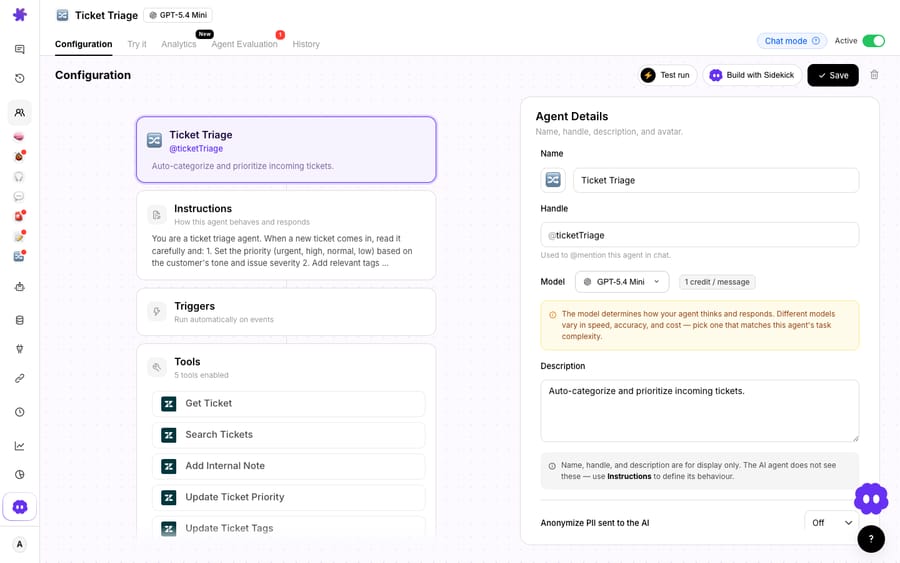Macha's Ticket Triage agent configuration — instructions to categorize and prioritize incoming tickets, with tools including Update Ticket Priority and Update Ticket Tags for auto-tagging.