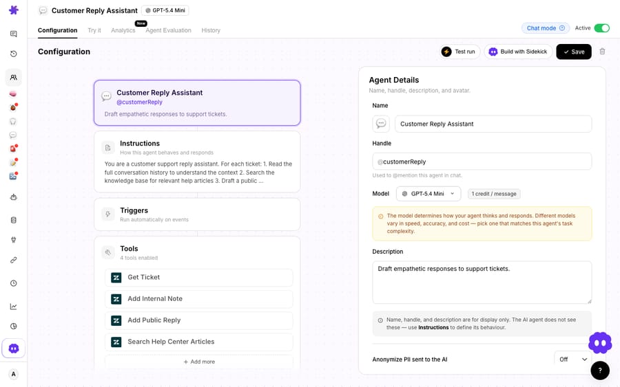 Macha's Customer Reply Assistant configuration — instructions to draft empathetic responses, with tools Get Ticket, Add Internal Note, Add Public Reply and Search Help Center Articles so replies are grounded in your knowledge base.
