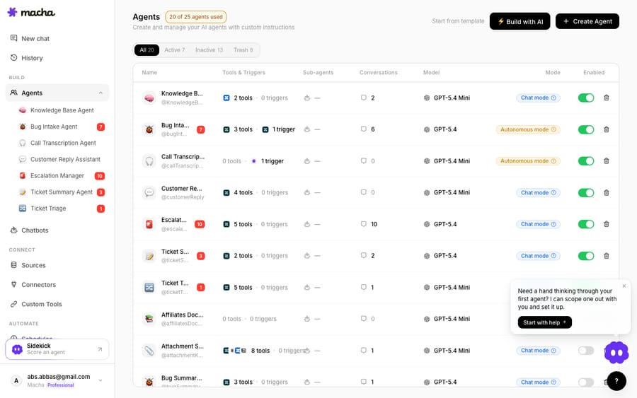 Macha's Agents list (20 agents), showing each chat/autonomous agent, its tools, triggers, conversation counts and model — the roster of AI agents that power chat and ticket workflows on top of Freshdesk.
