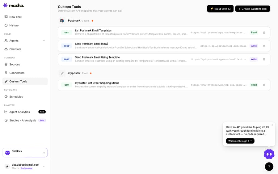 Macha Custom Tools: email actions Macha agents can call (Send Postmark Email Raw / Using Template, plus an order-shipping lookup) — the plumbing an email AI agent uses to reply and act. (Closest-match: a dedicated email-channel agent view was not available; this shows the agent-callable email tools.)