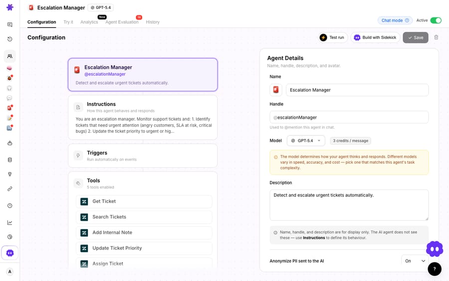 Macha's Escalation Manager configuration — a multi-step agent that monitors tickets and, when criteria are met, runs a chain of actions (Get Ticket, Search Tickets, Add Internal Note, Update Ticket Priority, Assign Ticket) — the orchestration behind approval/escalation flows.