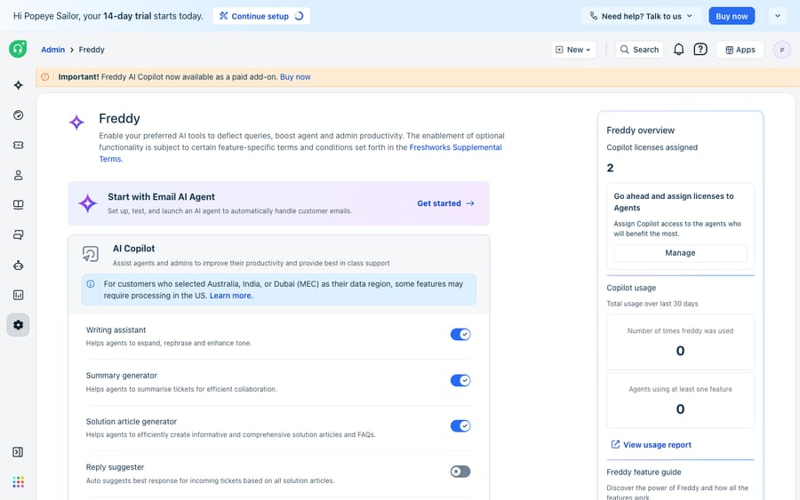 Native Freshdesk: the Freddy admin settings page, where AI Copilot features (Writing assistant, Summary generator, Solution article generator, Reply suggester) and the Email AI Agent are enabled — shown for the side-by-side.
