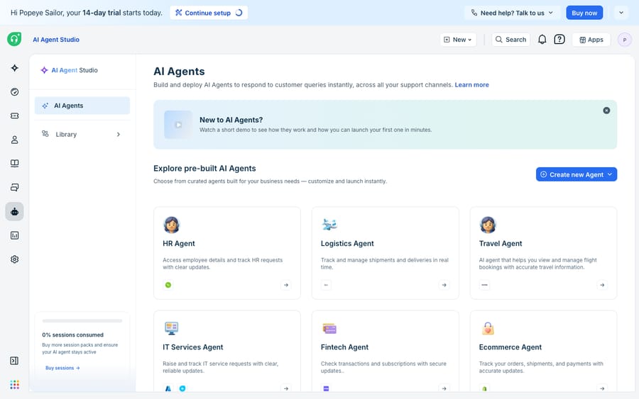 Native Freshdesk: the Freddy AI Agent Studio, with pre-built AI agents (HR, Logistics, Travel, IT Services, Fintech, Ecommerce) and a Create new Agent flow — Freshdesk's own bot builder.