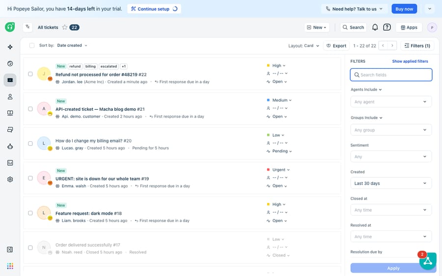 The Freshdesk Tickets workspace ("All tickets" view) with the ticket list in card layout and the right-hand Filters panel open (agents, groups, sentiment, created/closed/resolved ranges).
