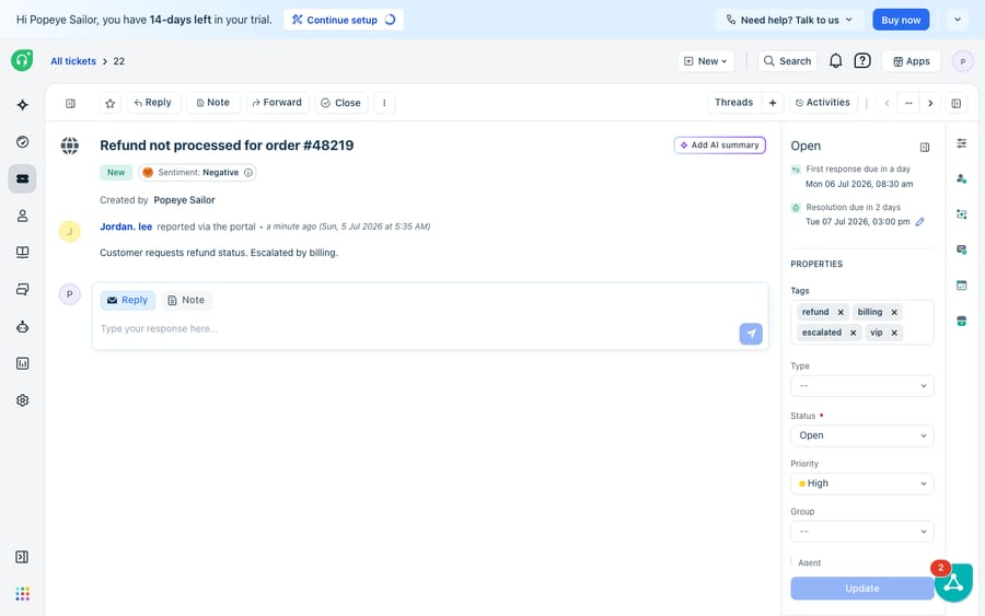 A Freshdesk ticket detail with the Tags field populated (refund, billing, escalated, vip) in the right-hand Properties panel alongside Type, Status, Priority and Group.