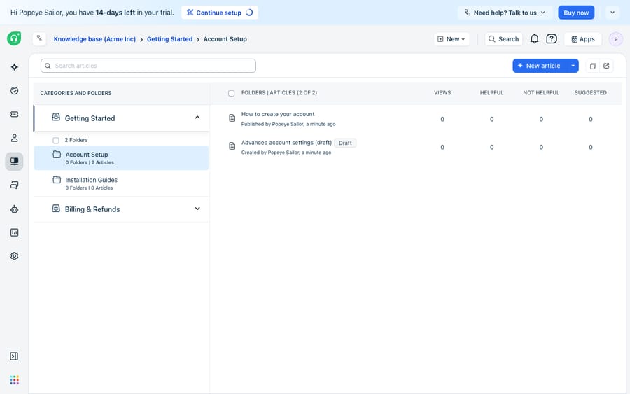 The Freshdesk Solutions (Knowledge Base) tree: categories (Getting Started, Billing & Refunds) expanded to their folders (Account Setup, Installation Guides) and the Account Setup folder's articles (one Published, one Draft) with views/helpful columns.