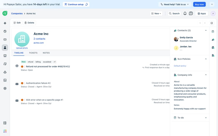A Freshdesk Company record (Acme Inc) showing linked Contacts (2), the associated SLA Policy (Default policy), company info/notes, and a timeline of the company's tickets.