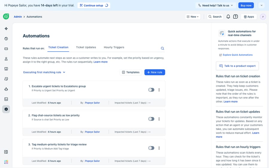 The Ticket Creation automations list emphasizing rule order: the note states rules "run sequentially" under an "Executing first matching rule" setting, with the numbered rule list beneath (1. Escalate urgent tickets to Escalations group, etc.).