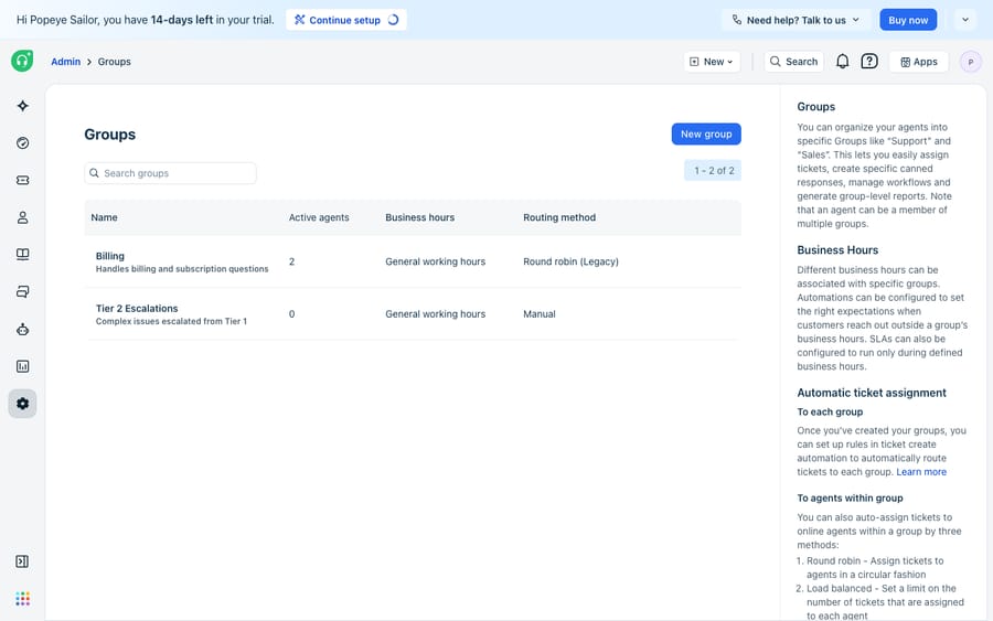 The Groups admin list showing each group's Active agents, Business hours and Routing method — Billing uses Round robin (Legacy) with 2 active agents while Tier 2 Escalations is Manual with 0 agents; the help panel explains round robin, load-balanced and manual assignment. (A group with 0 online agents is a common reason round robin silently skips.)