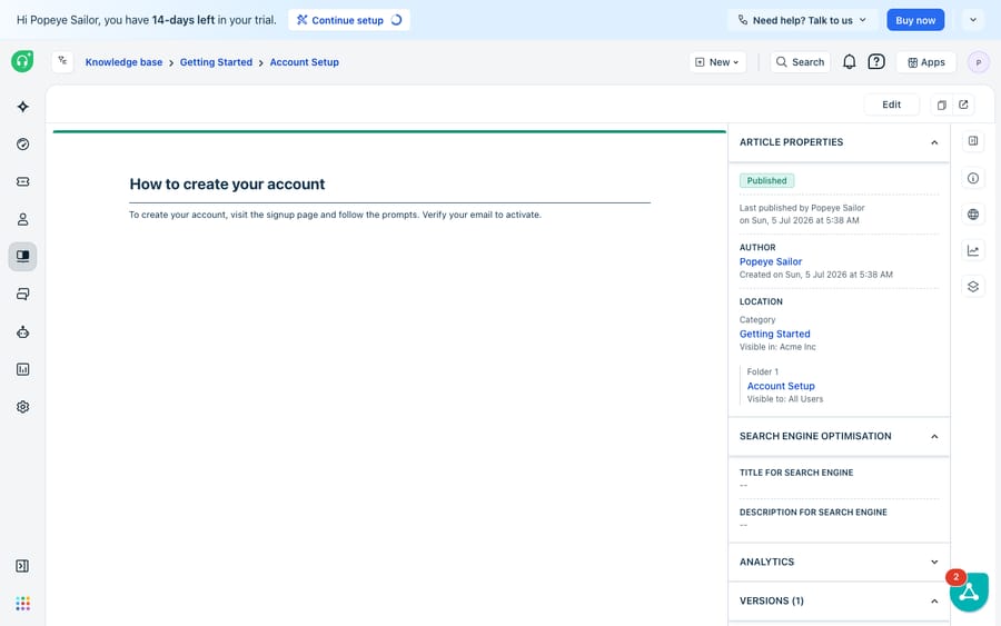 A Solutions article's ARTICLE PROPERTIES panel showing the visibility/publish state: status "Published", the category "Visible in: Acme Inc", and the folder "Visible to: All Users" — the settings that decide whether the article appears on the portal.